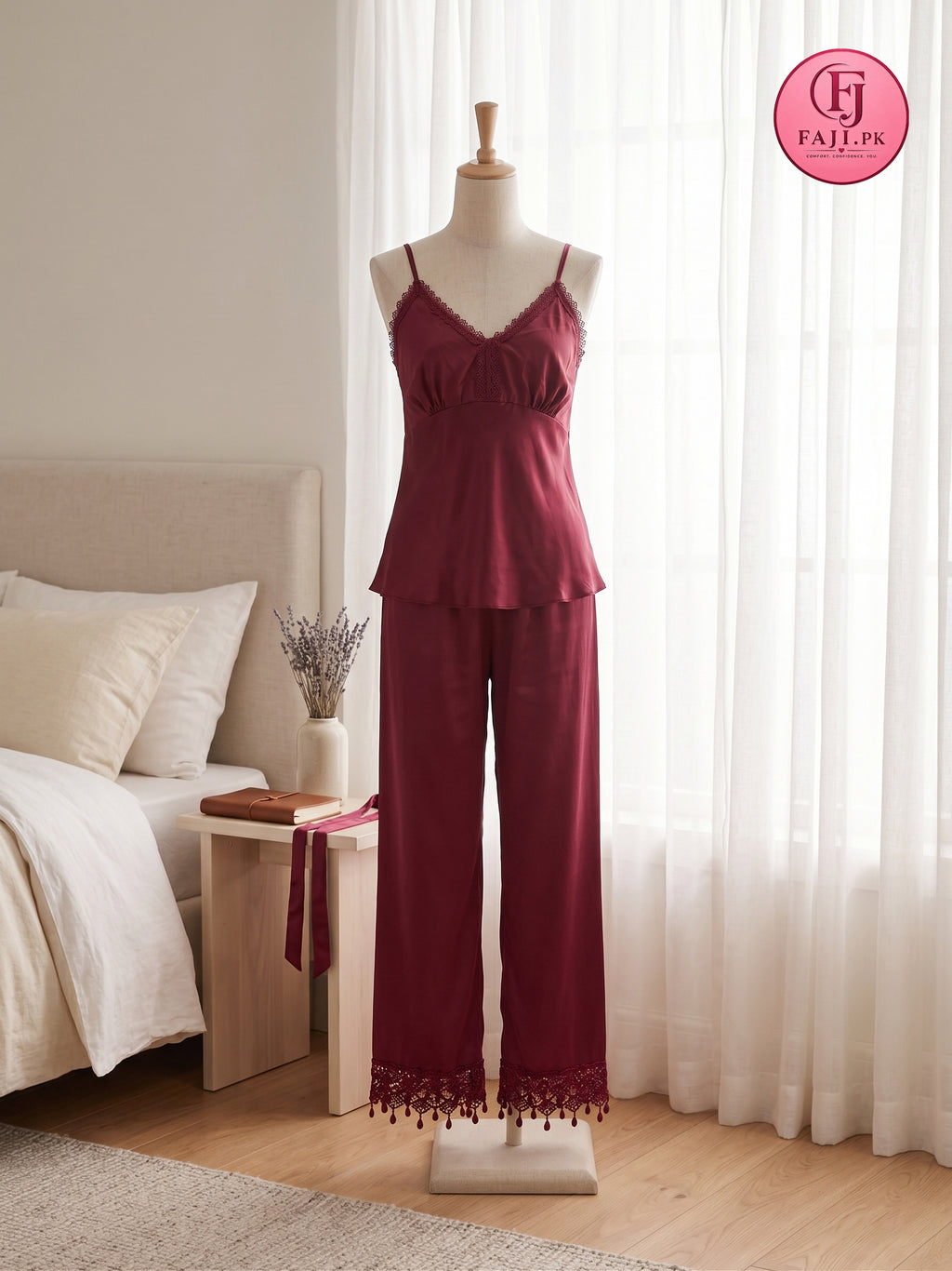 5 Piece Satin Nightwear Set – Robe, Nightdress, Camisole, Shorts & Trousers (Maroon)