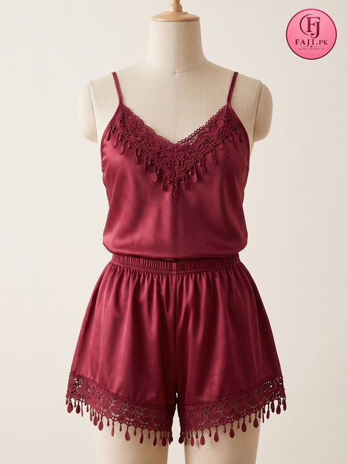5 Piece Satin Nightwear Set – Robe, Nightdress, Camisole, Shorts & Trousers (Maroon)