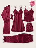 5 Piece Satin Nightwear Set – Robe, Nightdress, Camisole, Shorts & Trousers (Maroon)