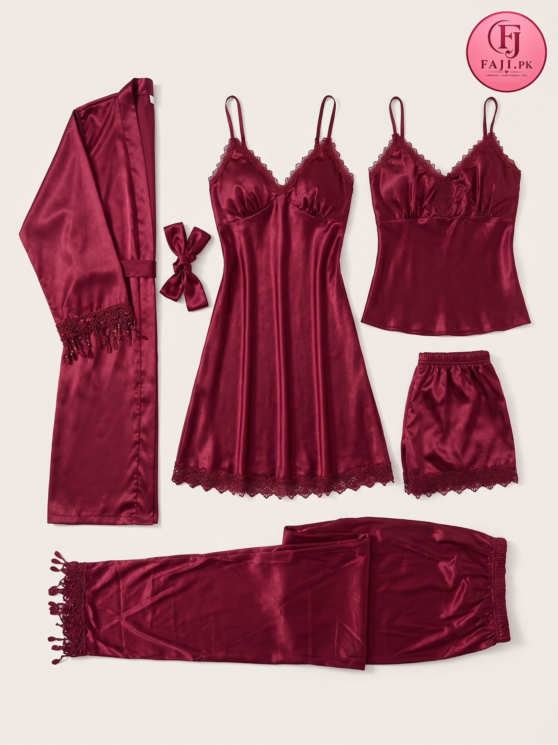 5 Piece Satin Nightwear Set – Robe, Nightdress, Camisole, Shorts & Trousers (Maroon)