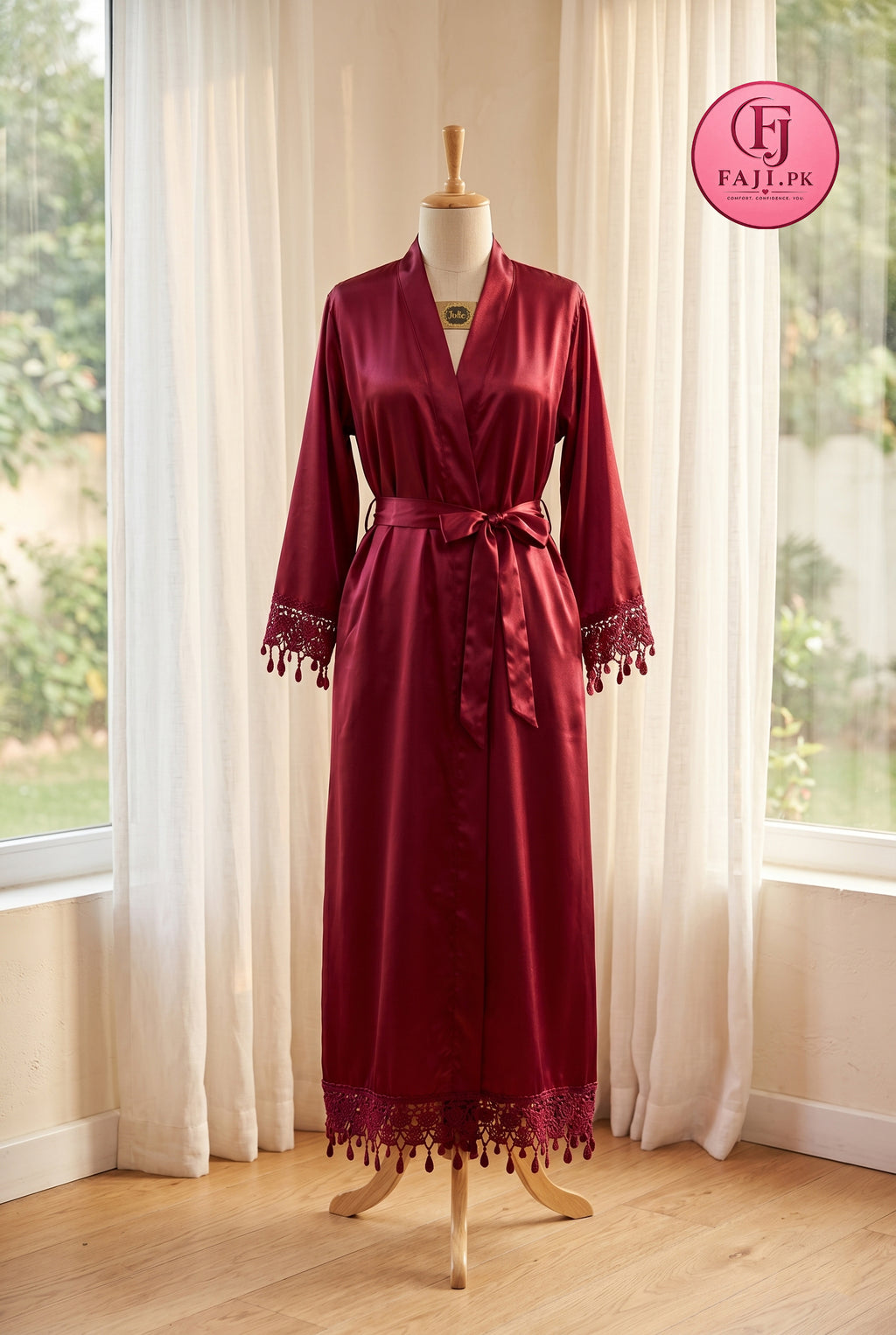 5 Piece Satin Nightwear Set – Robe, Nightdress, Camisole, Shorts & Trousers (Maroon)