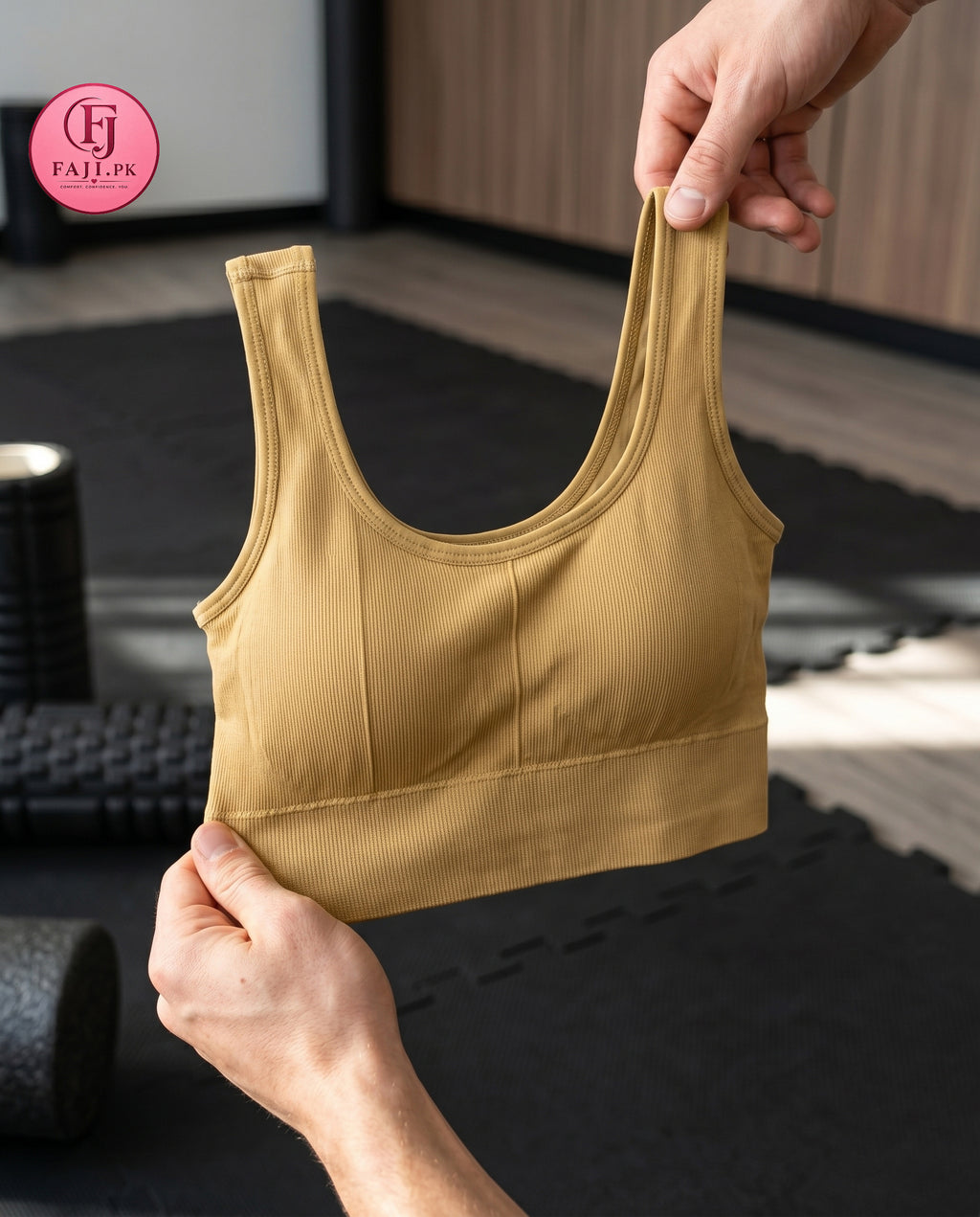Comfort Only Sports Bra – Seamless Ribbed Bralette | Brown/Mustard