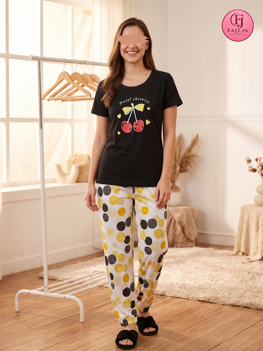 Premium Cotton Sweet Cherries Night Suit - Black & Yellow