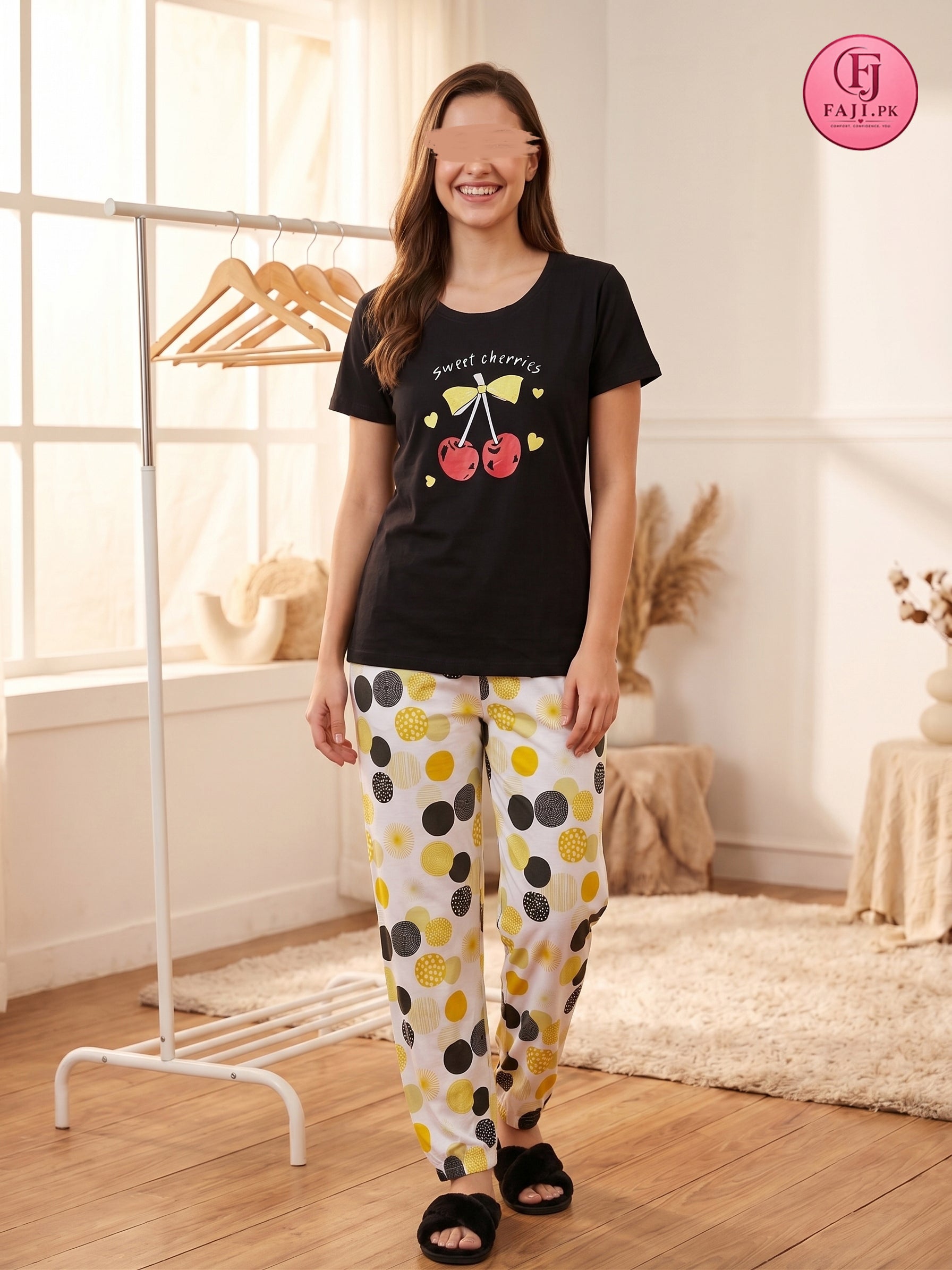 Premium Cotton Sweet Cherries Night Suit - Black & Yellow
