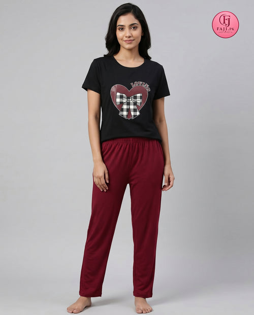 Cozy Heart Graphic 2-Piece Nightwear Set | fajistore.pk