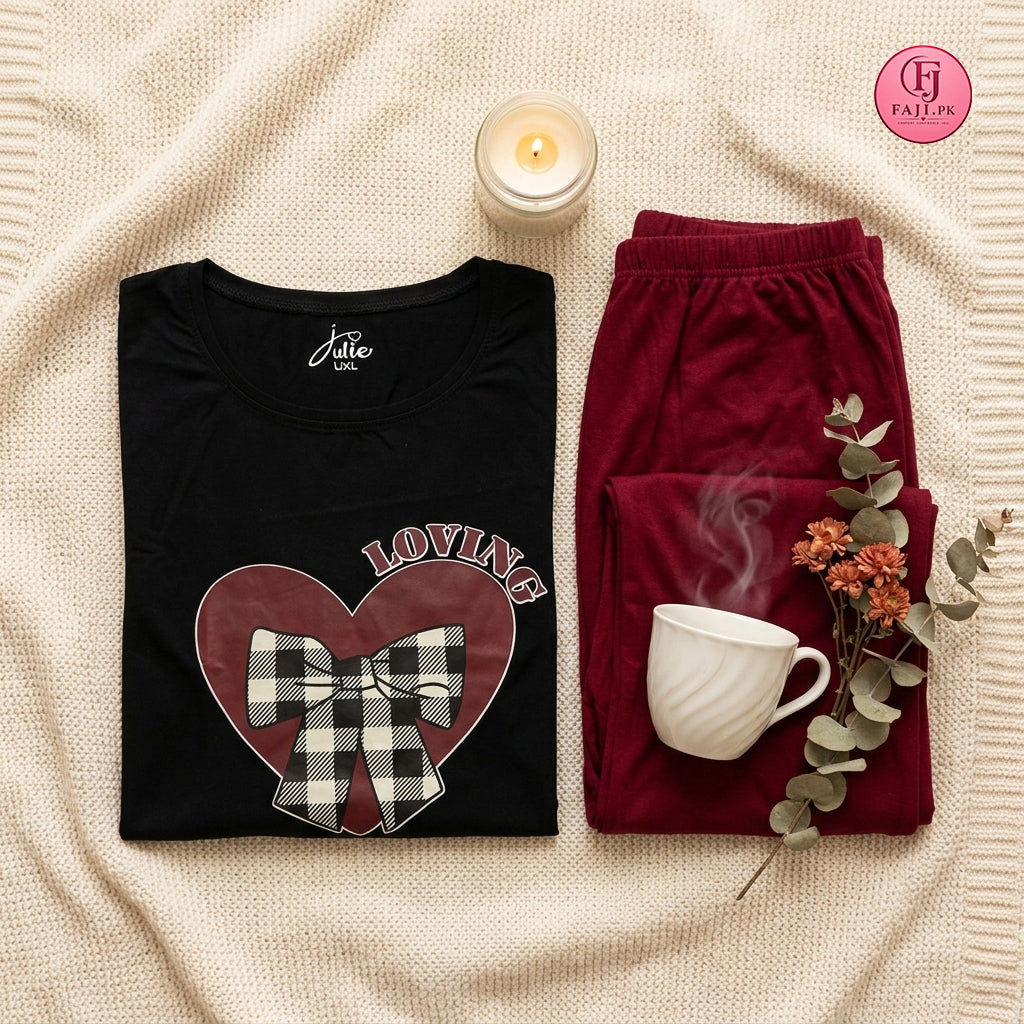 Cozy Heart Graphic 2-Piece Nightwear Set | fajistore.pk