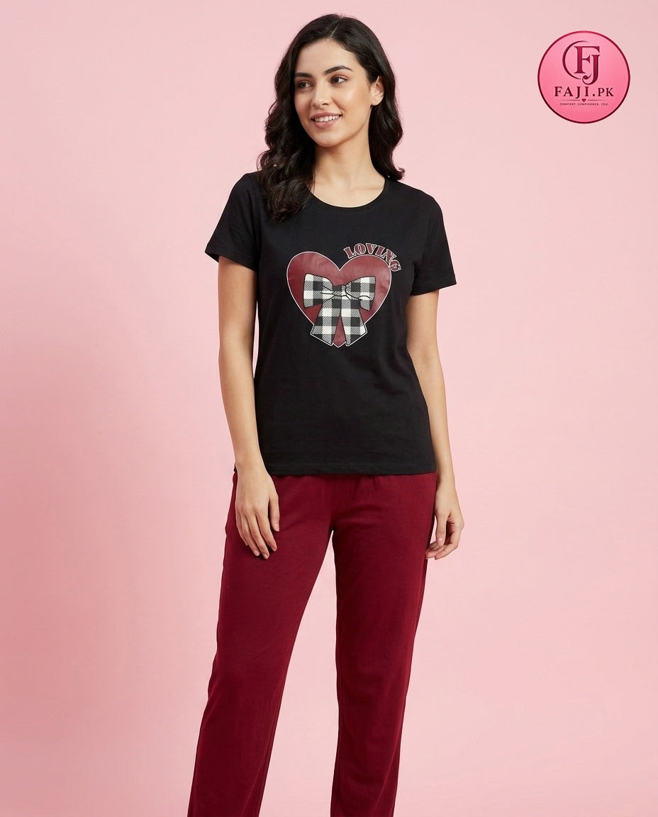 Cozy Heart Graphic 2-Piece Nightwear Set | fajistore.pk