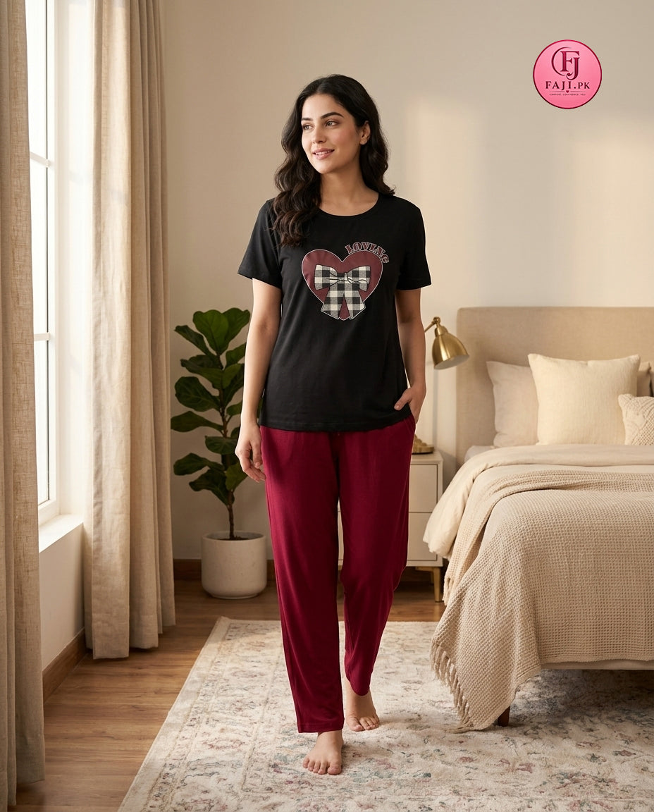 Cozy Heart Graphic 2-Piece Nightwear Set | fajistore.pk